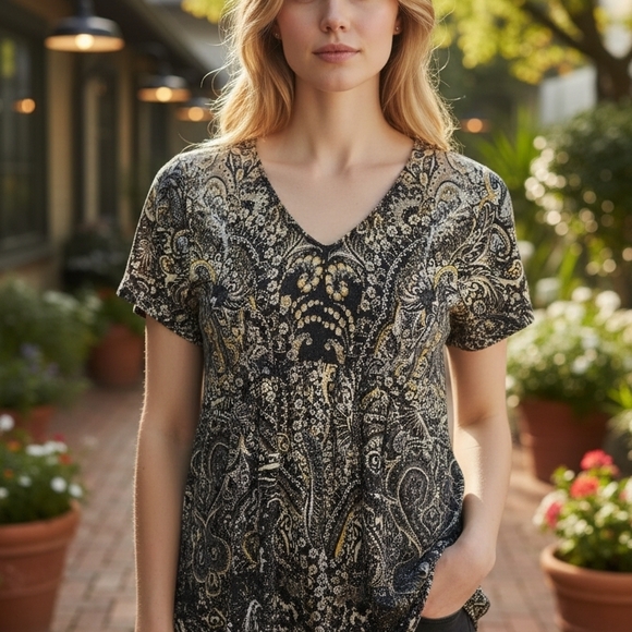 Chic Black and Gold Paisley Women's Blouse - Picture 2 of 5